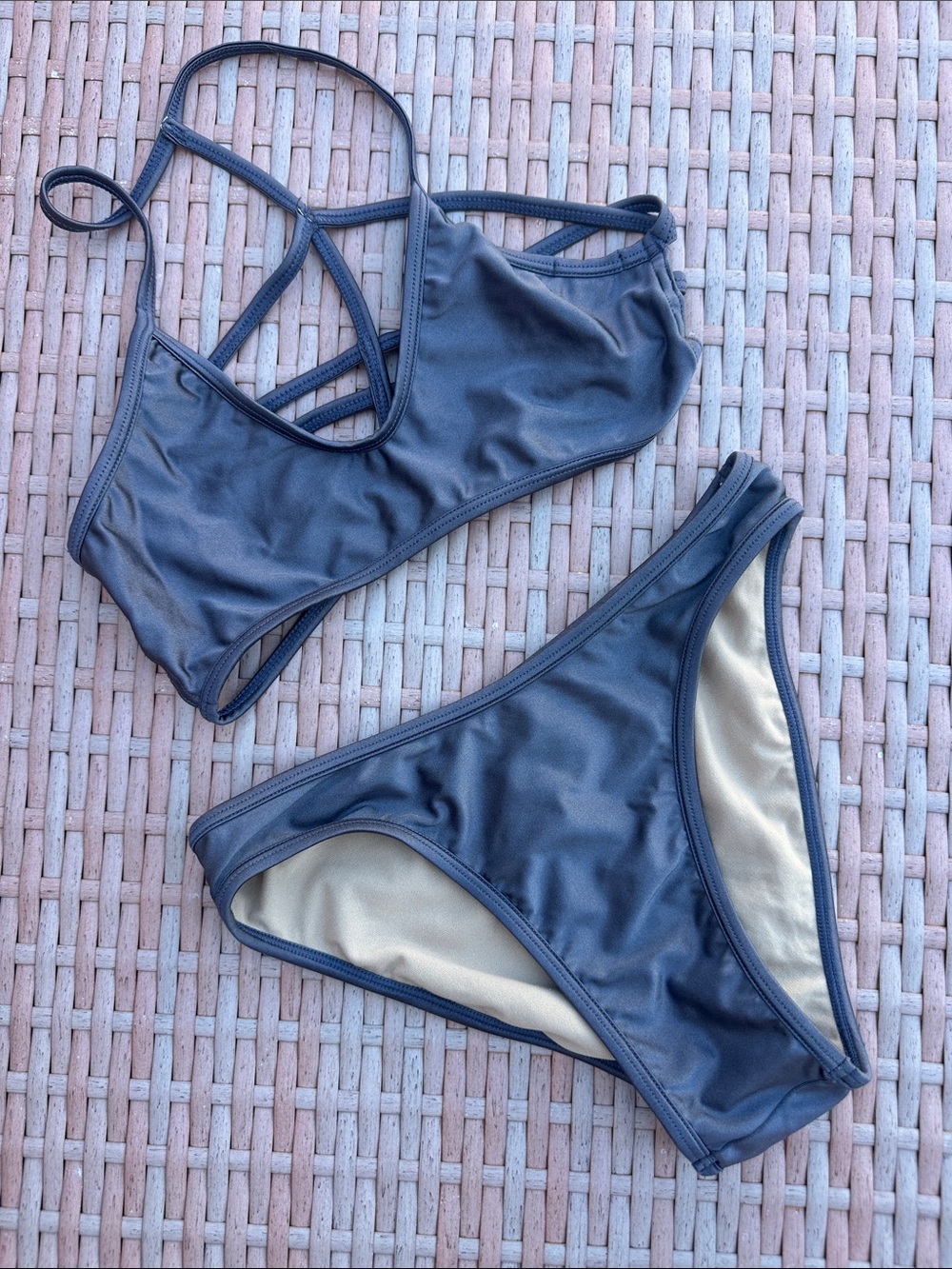Forplay Metallic Grey Strappy Swim Sports Bra & bikini bottoms